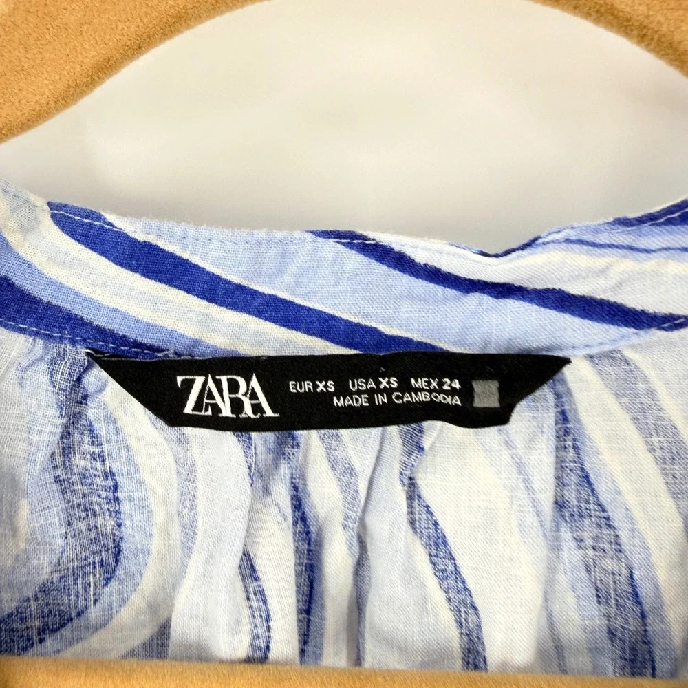 Zara Blue Swirl Print XS Linen Blend V-Neck Puff Sleeve Top Artsy Coastal